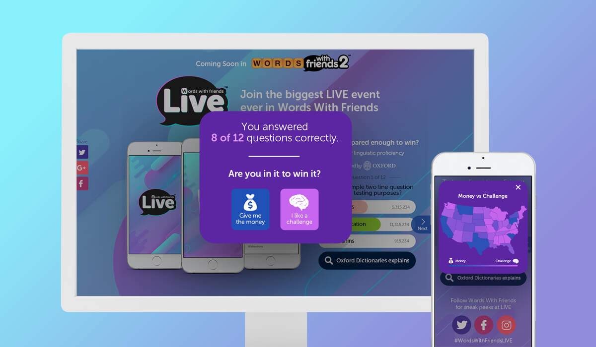 Desktop screen and smartphone showing the game Words With Friends Live's interface